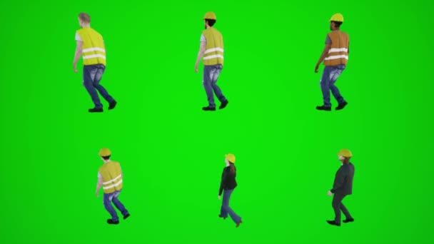 3つの角の角度3Dの人々赤いクロマのキー背景アニメーション男女の歩く話からアラジの建物で歩いている3D緑のスクリーンの労働者およびエンジニア — ストック動画