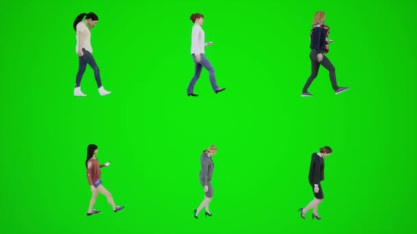 3Dグリーンスクリーン6人の女性が横角3Dの人々赤いクロマのキー背景アニメーション男と女性の歩く話から学校の電話で話す — ストック動画
