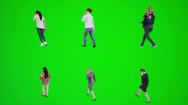 Green Screen Sechs Frauen Gehen Und Telefonieren Der Schule Aus — Stockvideo