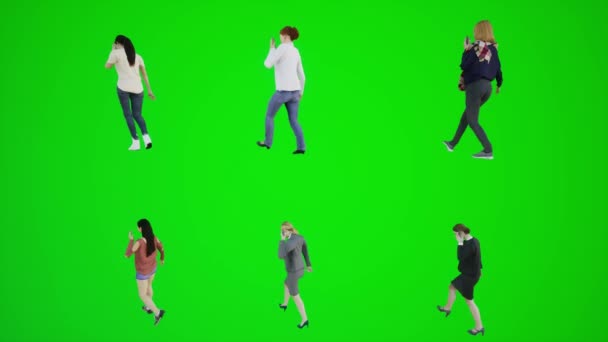 Зелений Екран Шість Жінок Ходять Розмовляють Телефону Школі Трьох Кутових — стокове відео
