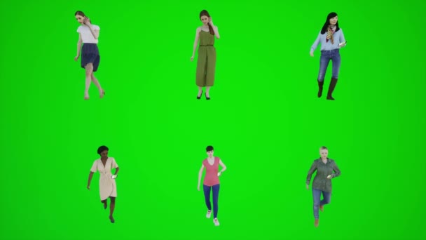 Écran Vert Six Femmes Marchant Parlant Téléphone Dans Parking Partir — Video