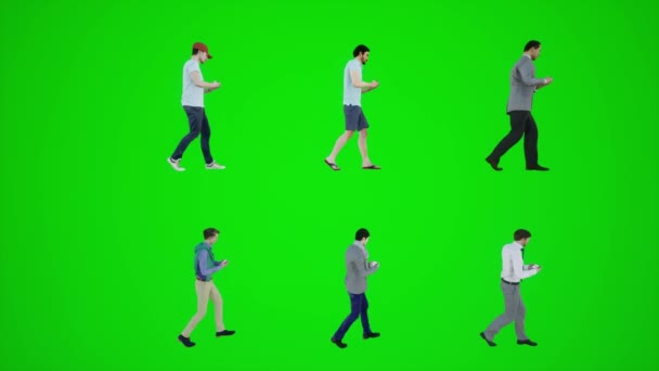 六个男人走在大街上 从3D动画的侧面讲电话 使人们看到彩色动画的关键人物聚集在一起走来走去 — 图库视频影像