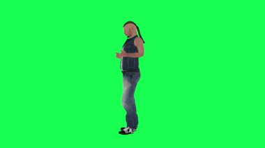 Kot pantolonlu uzun saçlı karikatür adam telefon yeşil ekran dik açı 3D insanlar kırmızı krom anahtar arka plan animasyon adam ve kadın yürüme konuşması
