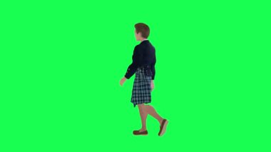 3D Hristiyan çizgi film çocuğu sol açıda yürüyor yeşil ekran 3D insanlar kırmızı renkli arka plan animasyonu erkek ve kadın yürüyüş konuşması