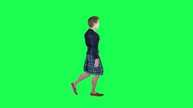 3D Hristiyan çizgi film çocuğu, doğru açıda yürüyen yeşil ekran 3D insanlar kırmızı renkli arka plan animasyonu erkek ve kadın yürüyüş konuşması.