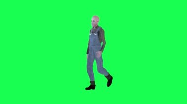 Sekiz boyutlu 3D animasyon. Tekerlekli sandalyedeki bir adam Avrupa ve Amerika sokaklarında hareket ediyor. Krom anahtar yeşil ekranın üç köşesinden. 