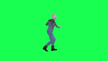 3 Boyutlu Cadılar Bayramı erkeği salsa yapıyor. Sağ açılı, yeşil ekran. 3 Boyutlu, kırmızı renkli arka plan animasyonu olan insanlar.