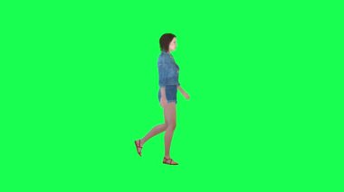 Kot pantolonlu bir kadın caddenin solunda yürüyor yeşil ekran 3D insanlar kırmızı krom arka plan animasyonu erkek ve kadın yürüme konuşması