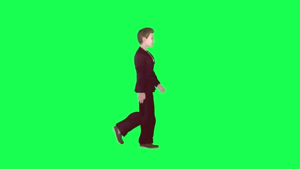 Młody Dobrze Ubrany Chłopiec Spacery Odizolowany Lewy Kąt Zielony Ekran — Wideo stockowe