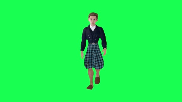 3Dクリスチャン漫画少年ウォーキングフロント角度隔離された緑のスクリーン3Dの人々赤いクロマキー背景アニメーション男女ウォークトーク — ストック動画