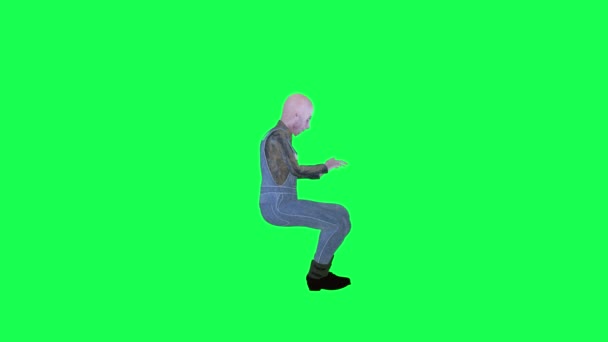 ボールドファーマー ピアノを再生する男 隔離された左角度の緑のスクリーン3Dの人々 赤いクロマのキー背景アニメーション男と女性の歩く話 — ストック動画