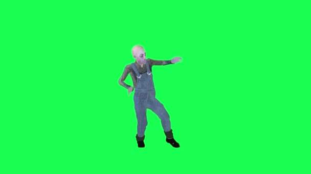 3Dハゲ農家ダンスばかげた隔離されたフロント角度緑のスクリーン3Dの人々赤いクロマのキー背景アニメーション男と女性の歩く話 — ストック動画