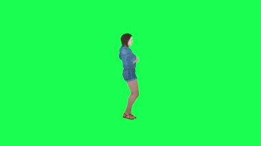 Kotlu 3D tatlı kız sol açılı yeşil ekran 3D insanları şaşırttı. Krom anahtar arka plan animasyon adamı ve kadın yürüme konuşması.