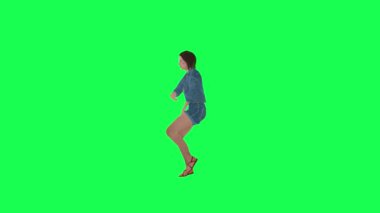 Kot pantolonlu 3D sokak kızı hızlı dans ediyor yeşil ekran 3D insanlar kırmızı krom arka plan animasyon erkek ve kadın yürüme konuşması