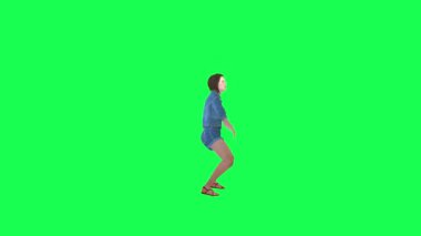 Kot pantolonlu genç 3D kız mutlu sol açı yeşil ekran 3D insanlar kırmızı krom arka plan animasyon erkek ve kadın yürüyüş konuşması