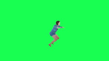Suyun içinde süzülen kot pantolonlu 3D animasyon kızı yeşil ekran 3D insanlar daha kırmızı renkli arka plan animasyon adamı ve kadın yürüme sohbeti