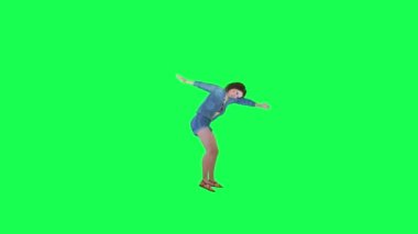 Yeşil ekran, partide dans eden kotlu 3D kızı izole etti. Sol açı 3 boyutlu insanlar, daha kırmızı renkli arka plan animasyonları, erkek ve kadın yürüyüş konuşmaları.