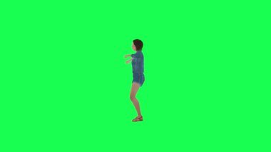 Kot pantolonlu kız sağ açı yeşil ekran 3D insanlar kırmızı krom arka plan animasyon adam ve kadın yürüyüş konuşma