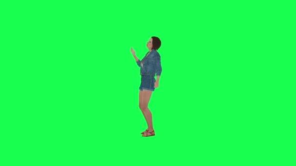 熱い天候で待っているジーンズの3D素敵な少女 右の緑のスクリーン3Dの人々赤いクロマのキー背景アニメーション男と女性の歩く話 — ストック動画