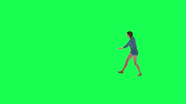 ジーンズゾンビの3Dアニメーションガール 右角緑のスクリーン3Dの人々赤いクロマのキーバックグラウンドアニメーション男と女性の歩く話 — ストック動画