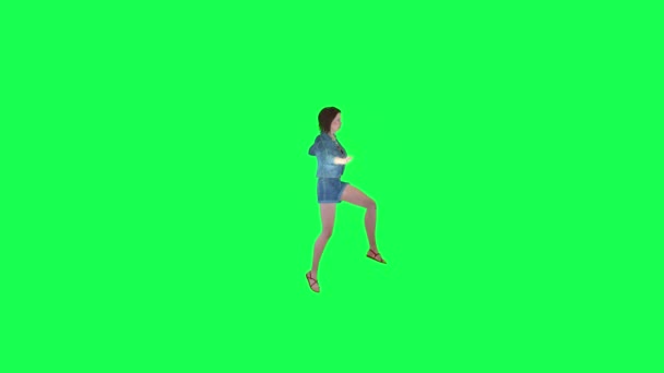 高さから落ちるジーンズの3D漫画の少女 左の角度緑のスクリーン3Dの人々赤いクロマのキー背景アニメーション男と女性の歩く話 — ストック動画