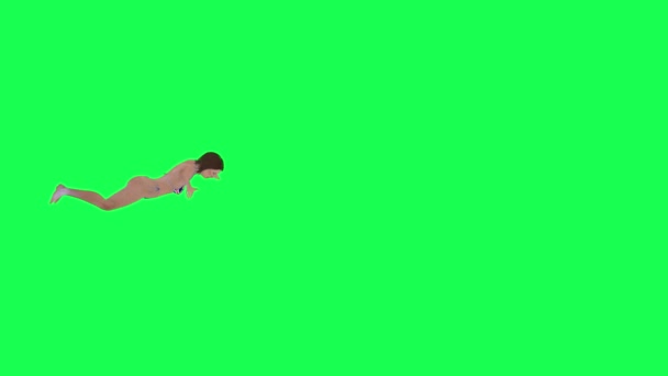 イギリスのフラッグビキニの3Dアニメガールスイミング左角度緑のスクリーン3Dの人々赤いクロマキー背景アニメーション男と女性ウォークトーク — ストック動画
