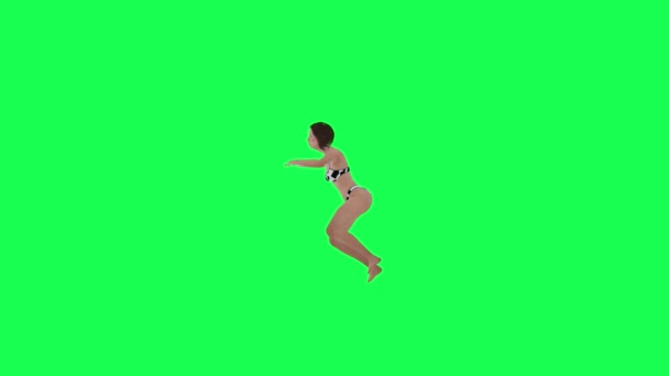 水に浮かぶ白黒ビキニの3Dアニメガール 右角緑のスクリーン3Dの人々赤いクロマのキー背景アニメーション男と女性の歩く話 — ストック動画