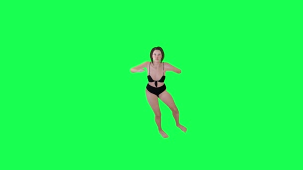 セクシーな黒いビキニの3Dアニメガール 水のフロント角緑のスクリーン3Dの人々赤いクロマのキー背景アニメーション男と女性の歩く話 — ストック動画