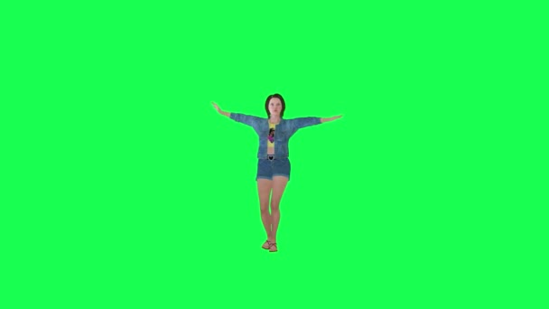 Karikatura Dívka Džínách Tanec Jazz Přední Úhel Zelená Obrazovka Lidé — Stock video