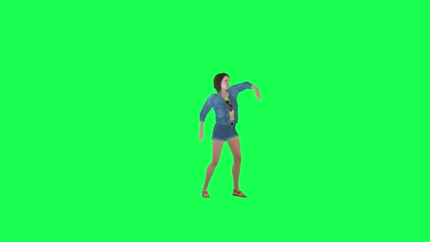 Cartoon Menina Jeans Dançando Torcendo Frente Ângulo Verde Tela Pessoas — Vídeo de Stock