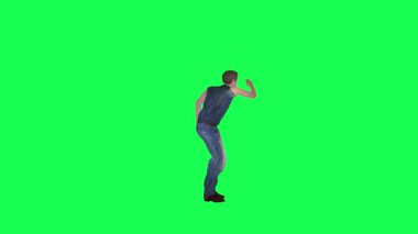 Kotlu 3D adam uzaktaki yeşil ekrana bakıyor. Sol açı insanları krom anahtarlı animasyoncu yapıyor. Kalabalık yürüyor ve konuşuyor.