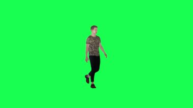 Sokakta yürüyen 3D moda adamı sol açı yeşil ekran insanları krom anahtar animasyon insanı yürütür ve konuşur