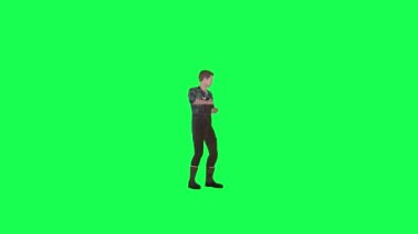 3D genç çiftçi sol açı yeşil ekran sigara içerek insanları krom anahtar animasyoncu kalabalığa yürütür ve konuşur