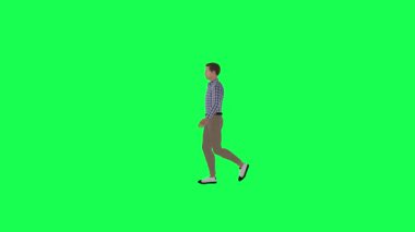 3D yakışıklı adam sokakta yürüyordu. Sağ açı yeşil ekran insanları krom anahtar animasyon insanı yürütür ve konuşur.