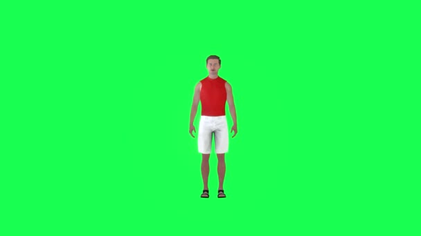 Handsome Man Orange Suit White Shorts Talking Green Screen Front — Stock Video