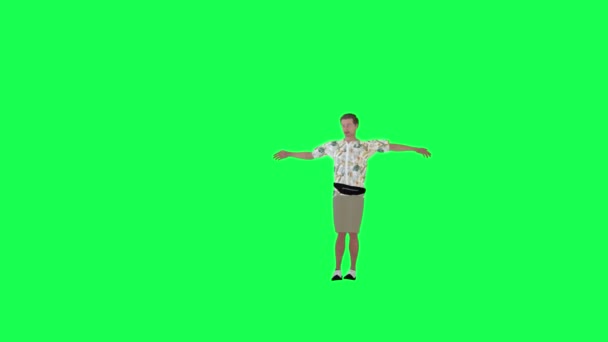 フロント角度クロマキーを踊る3D幸せな観光客の男は人々をクロマキーアニメーションの人は歩き — ストック動画
