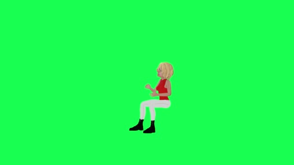 Chica Animada Vestido Naranja Sentado Aplaudiendo Ángulo Recto Fondo Verde — Vídeo de stock