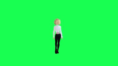 3D animasyon sarışın kız beyaz elbiseli ve siyah pantolonlu yürüyen, arka açılı yeşil ekran insanları krom anahtar animasyoncu kalabalığı yürütür ve konuşur