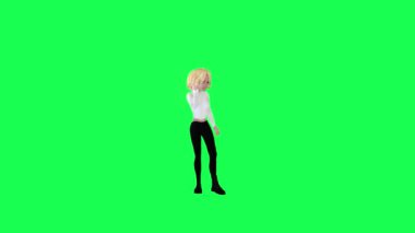 Telefonda konuşan 3D karikatür kızı yeşil arka planda izole edilmiş insanları krom anahtarlı animasyoncu kalabalığı yürütür ve konuşur.