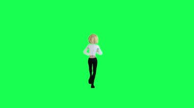 3D sarışın kız koşu bandı koşucusu yeşil arka plan insanları krom anahtar animasyon insanı yürütür ve konuşur