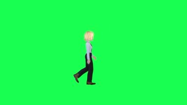 Resmi elbiseli 3D sarışın kız sol açı krom anahtar yeşil arka plan insanları krom anahtar animasyon insanı yürütür ve konuşur