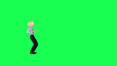 3D sarışın kız sokakta bir şey buluyor. Sol açı yeşil arka plan insanları krom renkli hale getiriyor. Kalabalık yürüyor ve konuşuyor.
