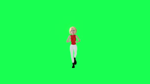 Corriendo Chica Rubia Animada Naranja Vestido Pantalla Verde Ángulo Frontal — Vídeo de stock