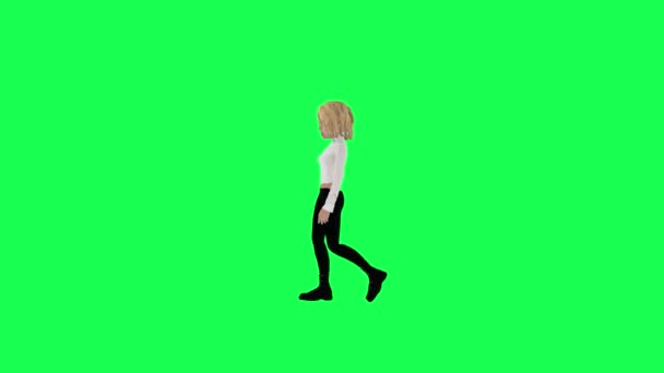 Chica Rubia Vestido Blanco Pantalones Negros Caminando Aislado Sobre Fondo — Vídeo de stock