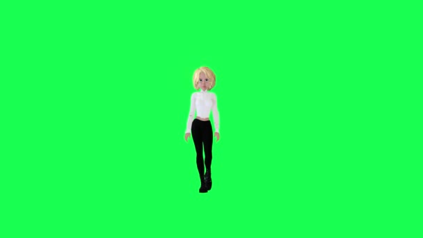 身着白色衣服和黑色裤子的3D金发女孩自豪地在绿色的背景下独立行走 这让人们看到了彩色的动画片 — 图库视频影像