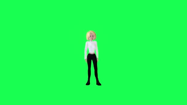 Blonde Female White Dress Black Pants Stretching Front Angle Chroma — Stock Video