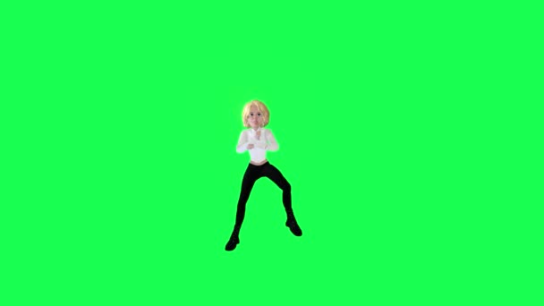 Geanimeerde Vrouw Witte Jurk Zwarte Broek Dansen Chroma Sleutel Groen — Stockvideo