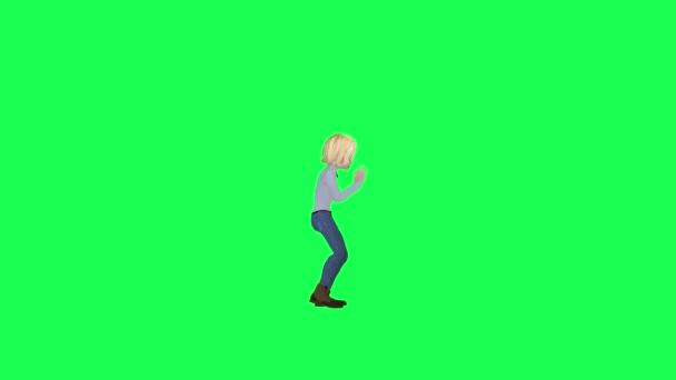白いドレス 鶏の踊り 緑のスクリーンの左の角度の3Dアニメーションの女の子は人々をクロマのキーアニメーション人歩き 話します — ストック動画