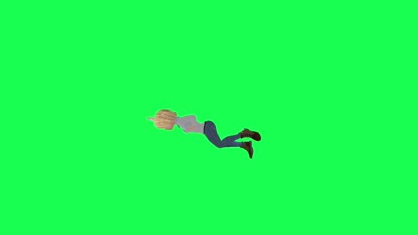Kreslené Blondýny Dívka Padající Moment Pravý Úhel Zelené Pozadí Vykreslovat — Stock video