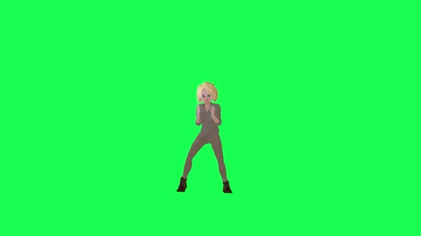 3D卡通片金发女郎穿着褐色衣服跳舞嘻哈 前角绿色荧幕让人心花怒放 — 图库视频影像